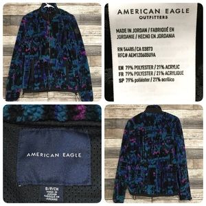 American Eagle Fleece Jacket Women’s S Full Zip Abstract Teal Black Zip Pockets